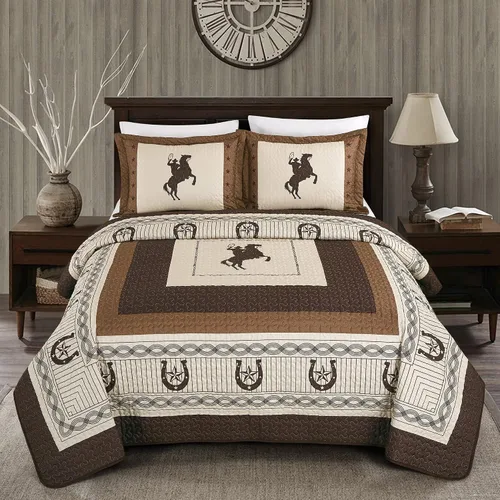 Sapphire Home Juego de colcha de lujo de 3 piezas, colección Western Design, Wild Horse Country, herradura, estrella, vaquero, azul suroeste, diseño