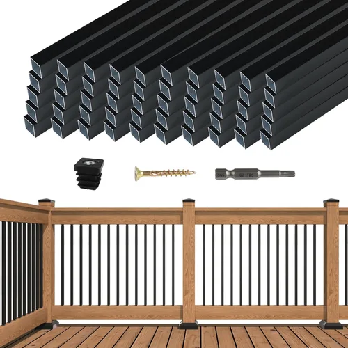 Muzata Paquete de 50 balaustres cuadrados de aluminio de 36 pulgadas para barandilla de cubierta cuadrada negra para escalera, porche, escalera,