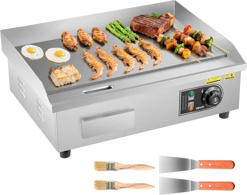 VEVOR Plancha eléctrica comercial, 21 x 11.8 pulgadas, 1750 W, control de temperatura ajustable de 122-570 °F, parrilla superior plana de acero
