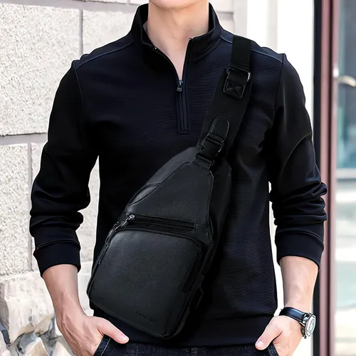 Miniatura 6 de Bolso bandolera de cuero para hombre, impermeable, bandolera con puerto de carga USB, bolsa de hombro, Negro, talla única, Mochilas Sling