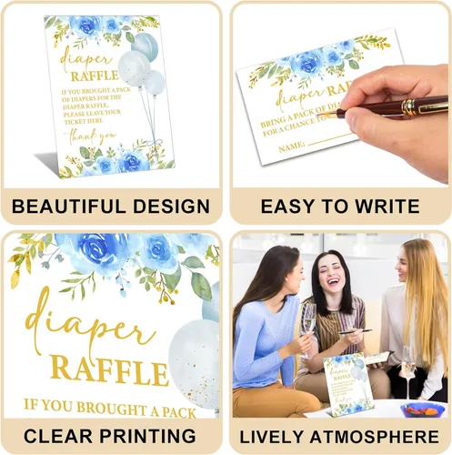 Miniatura 5 de Cartel de 8 x 10 pulgadas para sorteo de pañales con 50 boletos para rifas de pañales, juegos florales azules para baby shower, suministros