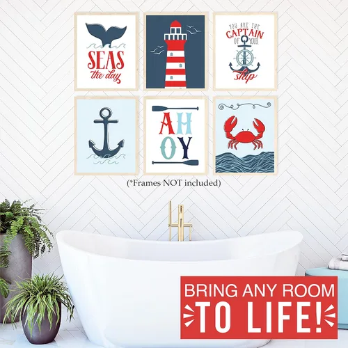 Miniatura 8 de Hadley Designs Decoración náutica de pared con 6 unidades, decoración náutica de habitación para niños, cuadros de barco y faro, decoración de pared