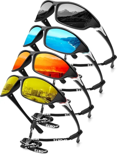 Miniatura 35 de KALIYADI 4 Pack Polarized Sunglasses-Men Sports Sun-glasses: Mens Sunglasses UV Protection for Fishing Driving Cycling A02-negro/azul hielo/rojo