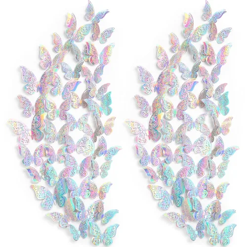 Outus 120 piezas de decoración de pared de mariposas en capas 3D con lentejuelas plateadas, calcomanías de mariposa extraíbles, calcomanías de mural