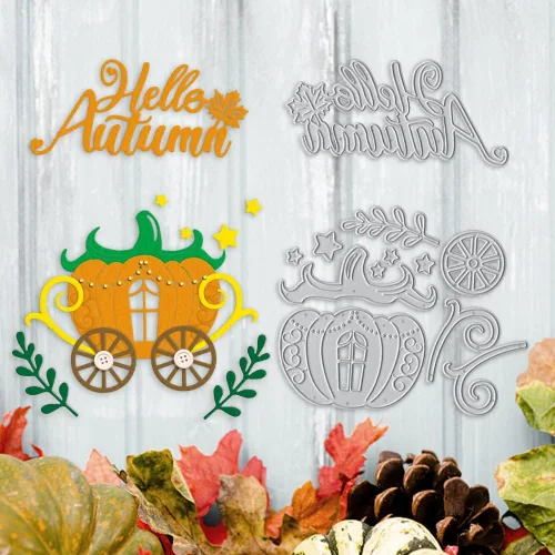 Miniatura 5 de Carro de calabaza otoñal troquelado de metal para hacer tarjetas y decoraciones de álbumes de fotos, Hello Autumn Words troqueladas FatTonny