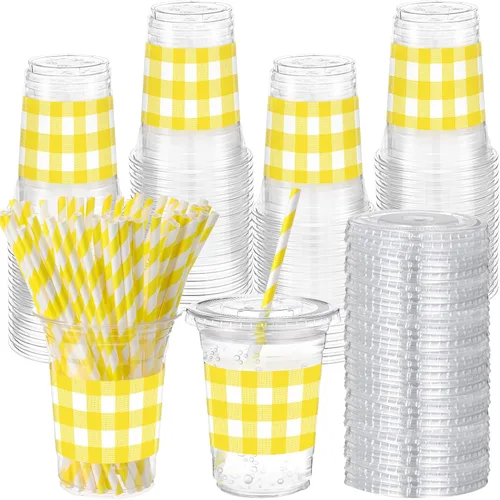 Miniatura 12 de Sliner 50 juegos de vasos de plástico a cuadros de 16 onzas con tapas y pajitas de papel, vasos desechables transparentes para fiesta de autos