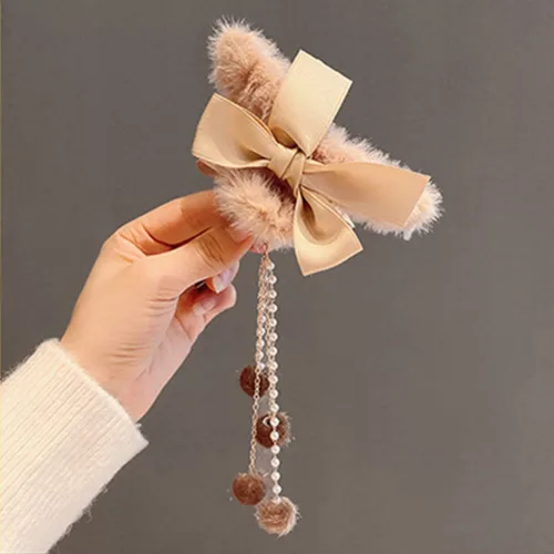 Miniatura 2 de Jumwrit Pinzas para el cabello con mandíbula de plátano peludas con lazos, borlas de perlas y fijación fuerte para mujeres y niñas, accesorios