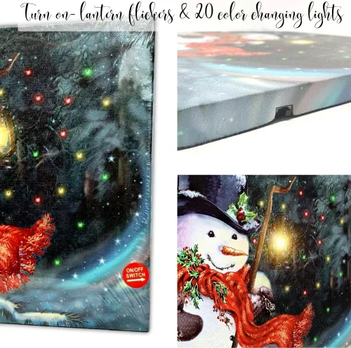 Miniatura 4 de Lienzo de muñeco de nieve iluminado con linterna LED, impresión de escena de invierno de Navidad, decoración navideña para colgar en la pared