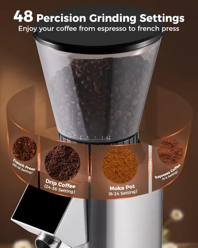 Miniatura 3 de Tuni G1 Molinillo de café con fresas cónicas, 48 ajustes de molienda, molino de fresas antiestático, temporizador electrónico de precisión y Plateado