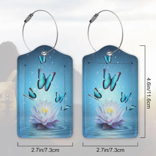 Miniatura 2 de Juego de 2 etiquetas de cuero para equipaje con diseño de mariposas y loto, cubierta de privacidad, etiqueta de maleta con lazo de acero inoxidable