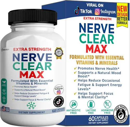 Nerve Clear Max Extra Strength, vitaminas y minerales esenciales, apoyo para la salud nerviosa, 60 cápsulas, suministro para 30 días (1)