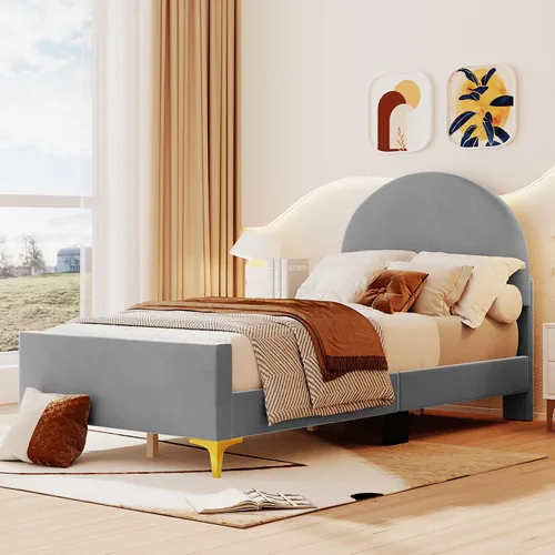 Miniatura 22 de Cama de plataforma tapizada de tamaño individual con cabecero en forma de oso y rayas de luz incrustadas, bonito marco de cama de plataforma