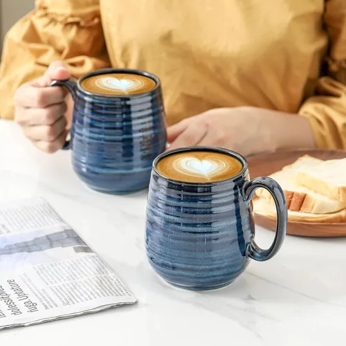 Miniatura 6 de HASENSE Juego de 2 tazas de café grandes de porcelana de 20 onzas para la oficina y el hogar, taza de café moderna con mango grande para café