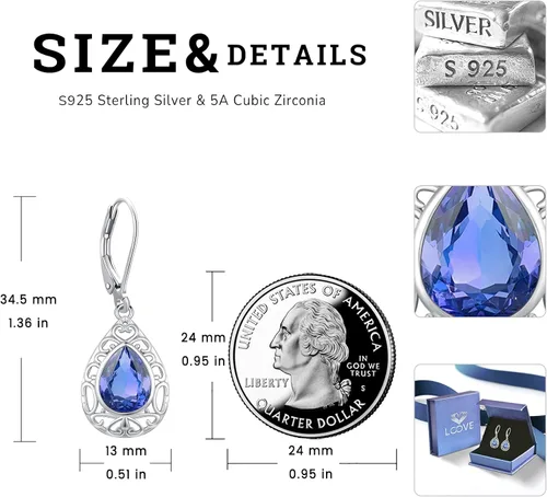 Miniatura 93 de Aretes colgantes de plata de ley con diseño de árbol de la vida, flor, abeja, animales, gato, colibrí, piedra lunar, turquesa, aretes con cierre