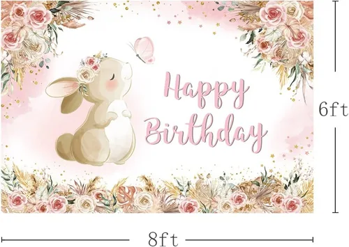 Miniatura 3 de MEHOFOND Telón de fondo floral de cumpleaños para niñas, acuarela, bohemio, flores, conejo, día de Pascua, fotografía de fondo, pancarta de feliz
