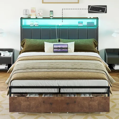 Miniatura 4 de AMERLIFE Marco de cama LED con 2 cajones y cabecero de 2 niveles