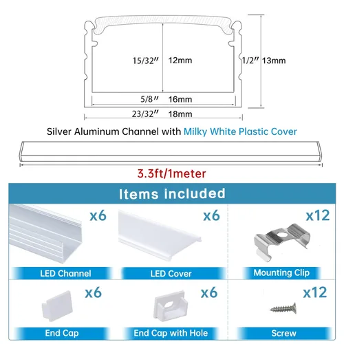 Miniatura 5 de Muzata Paquete de 6 canales LED plateados de 3.3 pies/3.3 ft, sin puntos en forma de U con cubierta difusora blanca lechosa esmerilada, pista