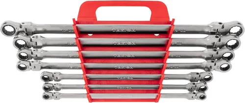 TEKTON Juego de llaves de caja de extremo de trinquete de cabeza flexible larga de 12 puntas con soporte, 7 piezas (6-19 mm) | WRB96201
