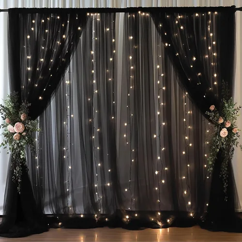Miniatura 9 de Cortina de telón de fondo de tul azul bebé de 10 x 8 pies con cadena de luces para fiestas, cortinas de fondo transparentes para bodas, baby shower