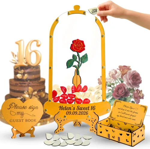 Miniatura 11 de Quinceanera Guest Book Alternative, Personalized Wooden Acrylic Princess Dress Frame with Butterfly Drop Chips, Custom Name Date Sign in Keepsake Set