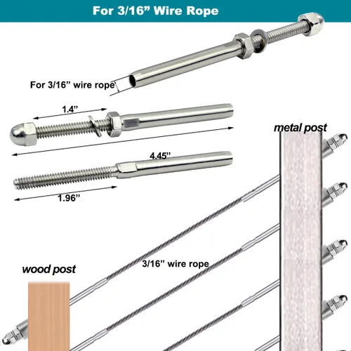 Miniatura 2 de 3/16 T316 T316 Tensor de acero inoxidable Cable Barandilla Hardware 60pcs para postes de madera y metal