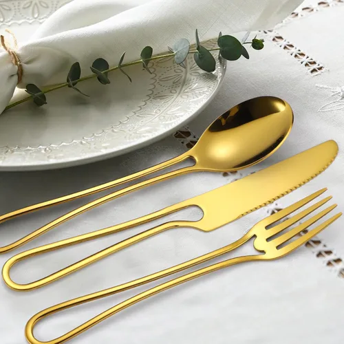 Miniatura 5 de Juego de Cubiertos de Platería Dorados Huecos de 20 Piezas para 4, Cubiertos de Cocina de Acero Inoxidable, Tenedores, Cucharas y Cuchillos, Oro