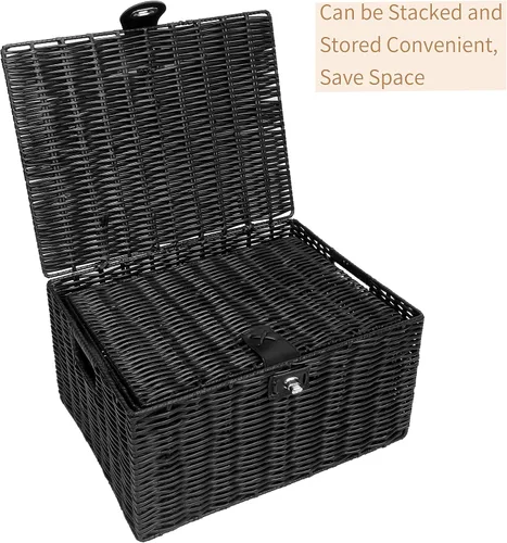 Miniatura 9 de Honygebia - Canastas de almacenamiento de mimbre negro - Juego de 3 cajas decorativas anidadas con tapas, canasta tejida con cerradura y asa