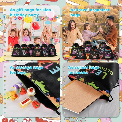 Miniatura 5 de Paquete de 12 bolsas con cordón para fiestas brillantes para cumpleaños de niños, niñas, mochila con cordón de neón brillante como bolsas de botín