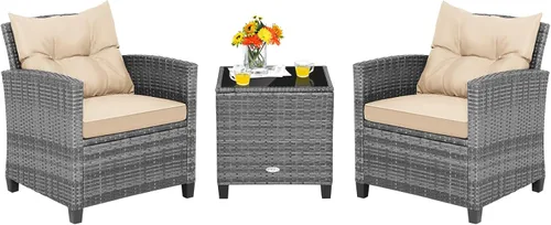 Miniatura 23 de Tangkula Juego de muebles de patio de 3 piezas, mimbre de ratán PE, juego de sofá de 3 piezas para exteriores con cojín lavable y superficie de mesa