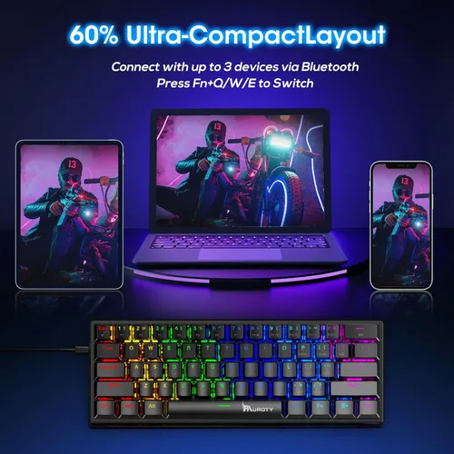 Miniatura 6 de Pauroty 60% Teclado mecánico inalámbrico, teclado de juego de triple modo 2.4G/USB-C/Bluetooth, retroiluminación RGB, interruptor azul clicky, Negro