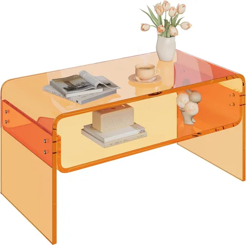 Miniatura 7 de Mesa auxiliar acrílica de 2 niveles, mesa auxiliar con estante de almacenamiento, mesa central moderna para sala de estar, oficina, dormitorio