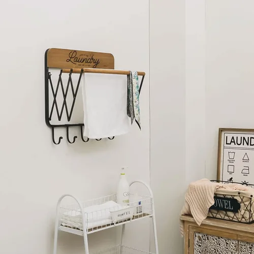 Miniatura 3 de SOFFEE DESIGN Estante de lavandería de acordeón, estantes retráctiles montados en la pared, 3 barras y 5 ganchos para tendedero, toallas para colgar
