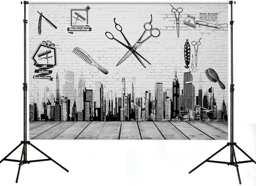 Miniatura 11 de Herramientas de barbería telón de fondo, peine de corte de pelo, edificios de gran altura, pintura de pared, madera de piso, pancarta de mesa