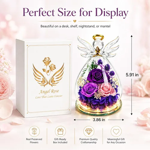 Miniatura 6 de Regalo de graduación de rosa morada para ella, regalos de cumpleaños para mujeres, rosa para siempre en flores frescas de vidrio, regalos de figura