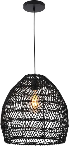 Lámpara colgante de bambú, estilo bohemio, 1 lámpara, lámpara colgante de ratán, luz colgante tejida para cocina, isla de guardería, color negro