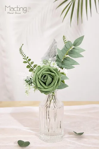 Miniatura 2 de MACTING 30 piezas de flores de rosas artificiales de toque real con tallo, flores falsas de espuma verde para bricolaje, ramo de novia, fiesta, baby