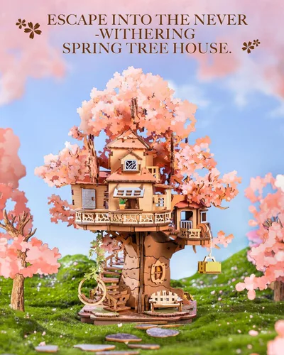 Miniatura 3 de Rolife Kits de casa en miniatura para bricolaje, casa de árbol Sakura, rompecabezas de madera 3D de 12 pulgadas para adultos, modelo de flor