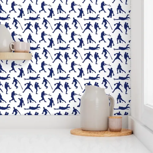 Miniatura 8 de Spoonflower Papel tapiz para despegar y pegar - Jugadores de béisbol Azul oscuro Deportes Hombres Thin Line Kids Papel pintado extraíble