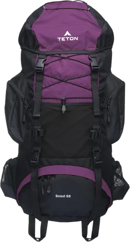Teton - Mochila con marco interno Scout de 55L para senderismo, camping, mochilero, viajes, cubierta de lluvia incluida, Huckleberry Arándano