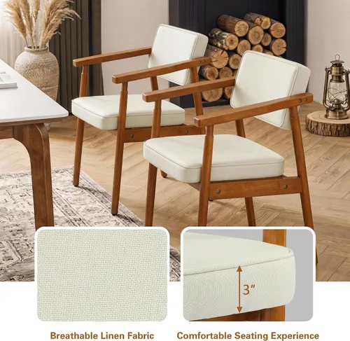 Miniatura 3 de LSSPAID Juego de 1 silla de comedor de mediados de siglo, sillón tapizado en tela de lino beige con reposabrazos de madera, respaldo cómodo, silla