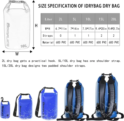 Miniatura 3 de IDRYBAG Bolsa seca para kayak impermeable 2L/5L/10L/15L/20L, pequeña bolsa impermeable para navegación Azul
