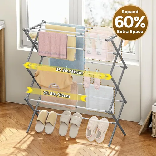 Miniatura 2 de KINGBOARD Tendedero de secado de ropa, plegable con 11 postes, estante de secado de ropa de 3 niveles, estante de secado de ropa pequeño plegable