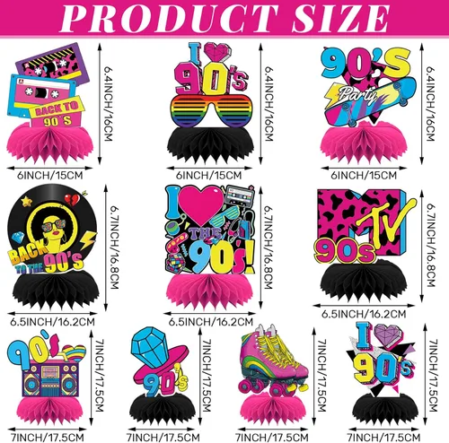 Miniatura 2 de 10 Piezas Decoraciones de Fiesta de los Años 90, Centros de Mesa de Panal Retro de los Años 90 Regreso a los 90 Centros de Mesa de Fiesta