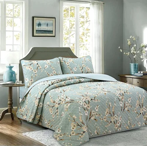 Miniatura 2 de Juego de cama de 3 piezas de edredón de algodón tamaño king, crema, flores de cerezo, floral, cian, azul, verde, ligero, reversible, cubrecama