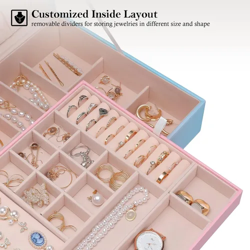 Miniatura 3 de ProCase Joyero para mujeres, niñas, novia, esposa, regalo ideal, organizador de joyas de cuero grande con dos capas para aretes, pulseras, anillos