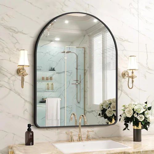 Miniatura 10 de FORBATH Espejo de baño arqueado de 16 x 24 pulgadas, espejo de baño negro montado en la pared, moderno marco de aleación de aluminio, espejo de arco