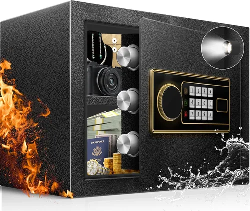 Miniatura 10 de Caja de seguridad para el hogar, caja de seguridad de acero para oficina y hogar, teclado electrónico digital, sistema de alarma y estante