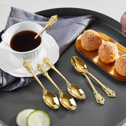 Miniatura 6 de KEAWELL Lujoso juego de cucharas de espresso de 5.1 pulgadas, 6 piezas, mini cuchara de café, acero inoxidable 18/10, diseño magnífico con Dorado