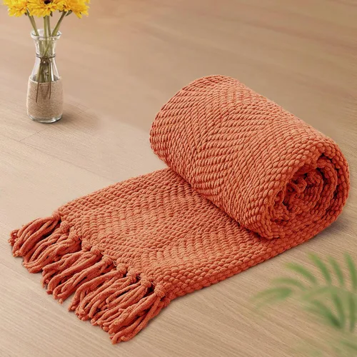 Miniatura 6 de Manta de tweed con borlas de flecos para sofá, decoración del hogar, cama, sofá, silla, 50 x 60 pulgadas, naranja óxido