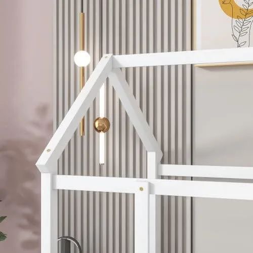 Miniatura 4 de Cama de suelo de tamaño individual con valla para niños pequeños, cama Montessori con techo de casa, marco de cama de piso de madera para niños